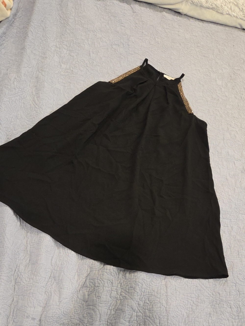 Lush Black Mini Dress with Gold Beaded Halter Straps Size L!